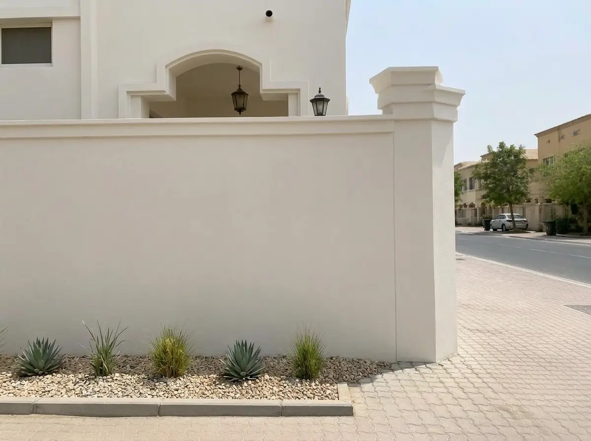 Villa boundary wall freshly painted in crisp off-white after exterior painting in Mudon Dubai