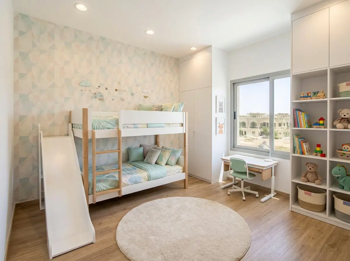 Kids bedroom with pastel geometric wallpaper and recessed lighting after renovation in Motor City