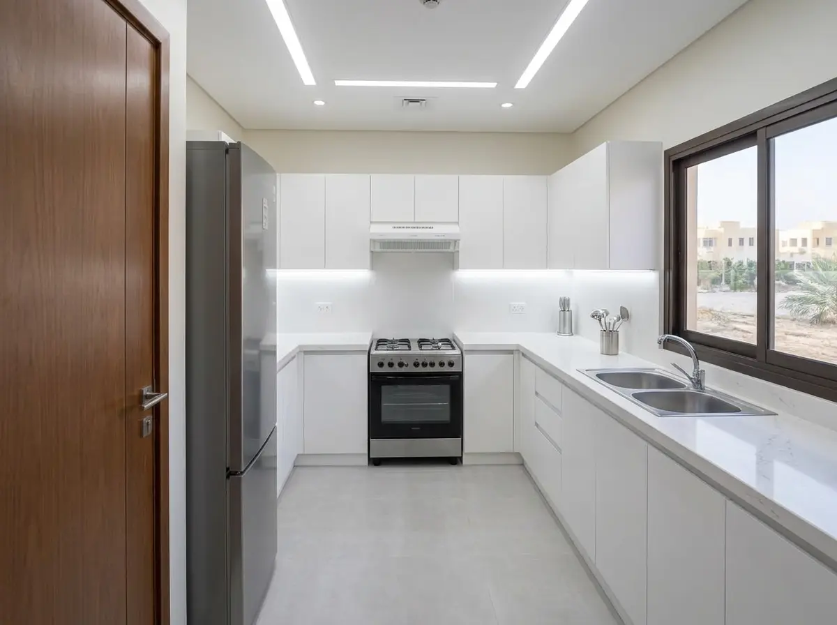 Modern white kitchen fit-out with quartz countertops after renovation in JVC Dubai