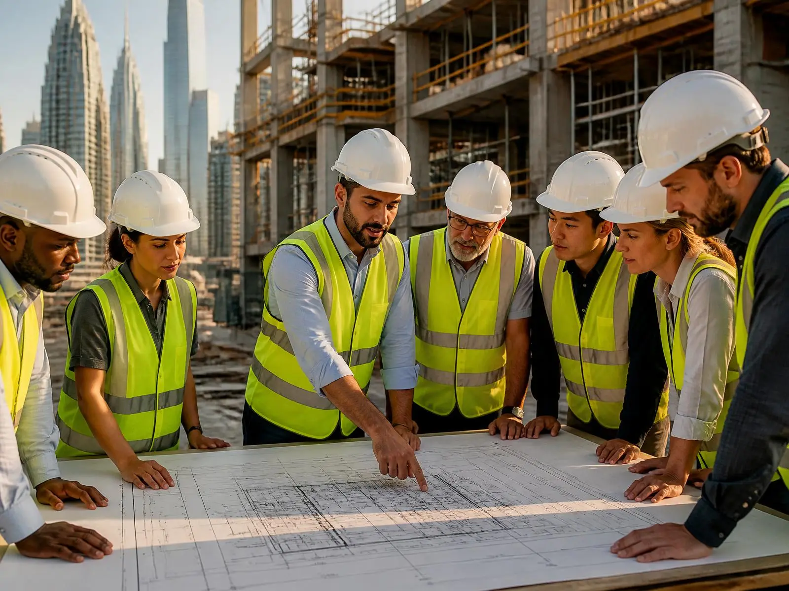 A diverse construction team reviewing a detailed technical blueprint on a Dubai project
