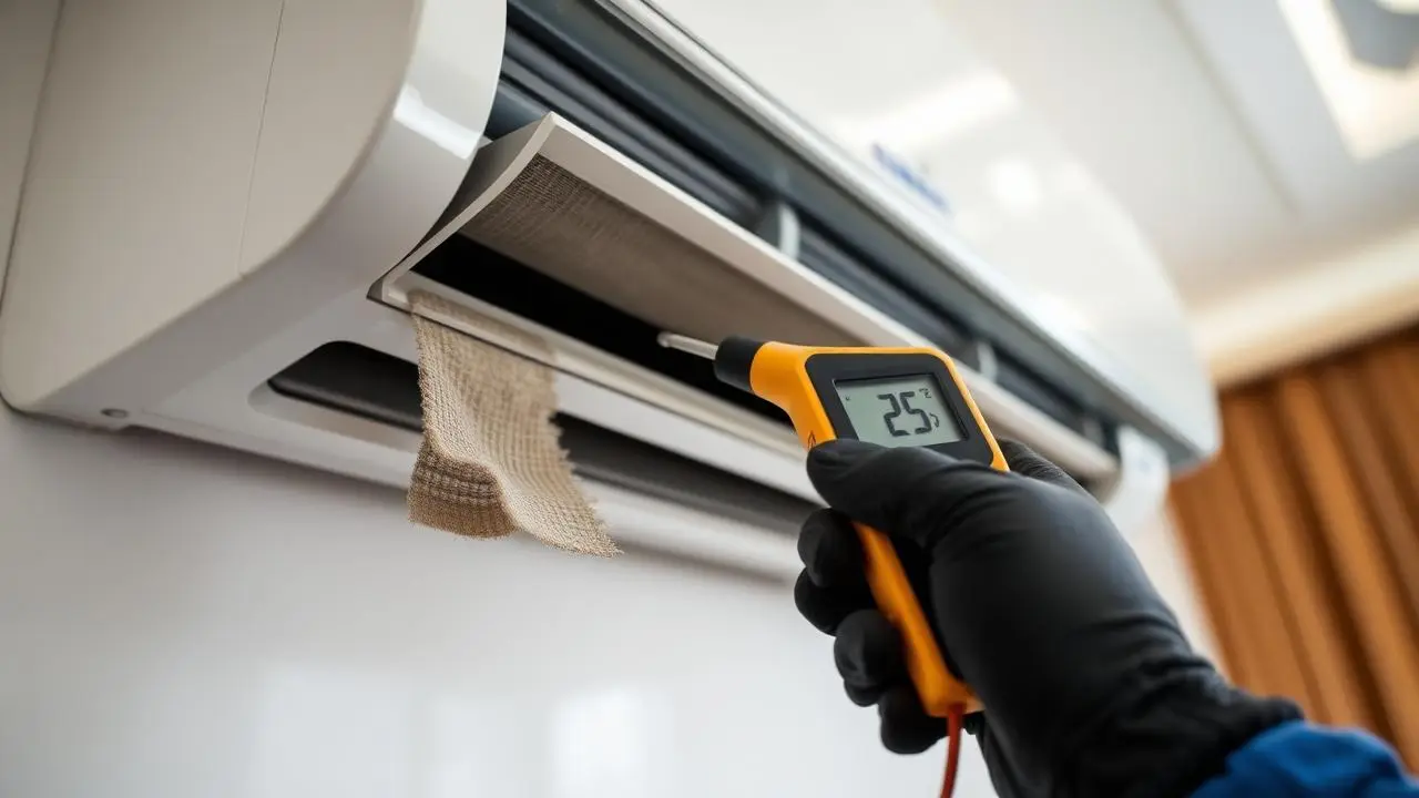Technician measuring air temperature at a split AC unit outlet with a digital probe