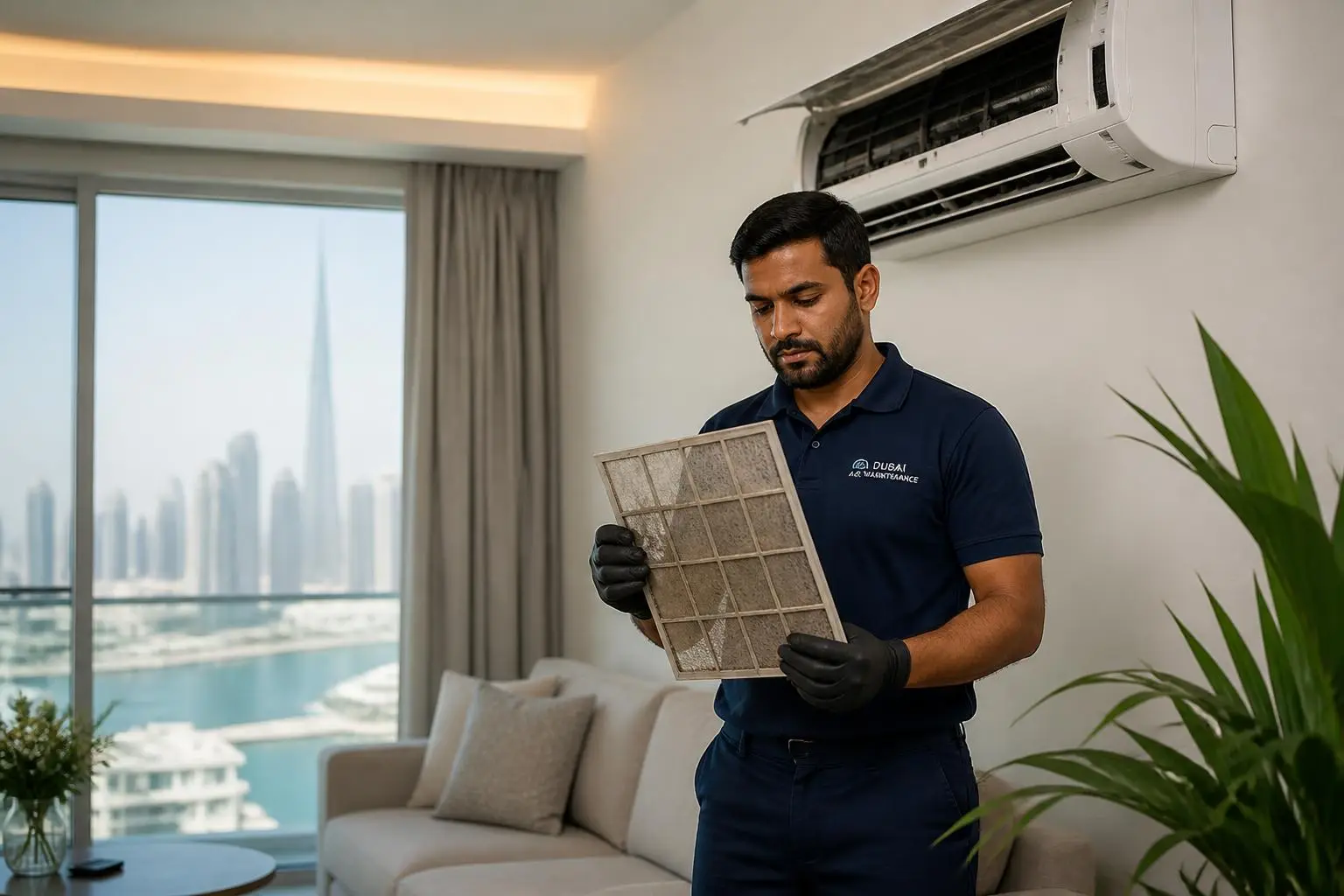 Uniformed technician inspecting a wall-mounted split AC unit in a Dubai apartment living room