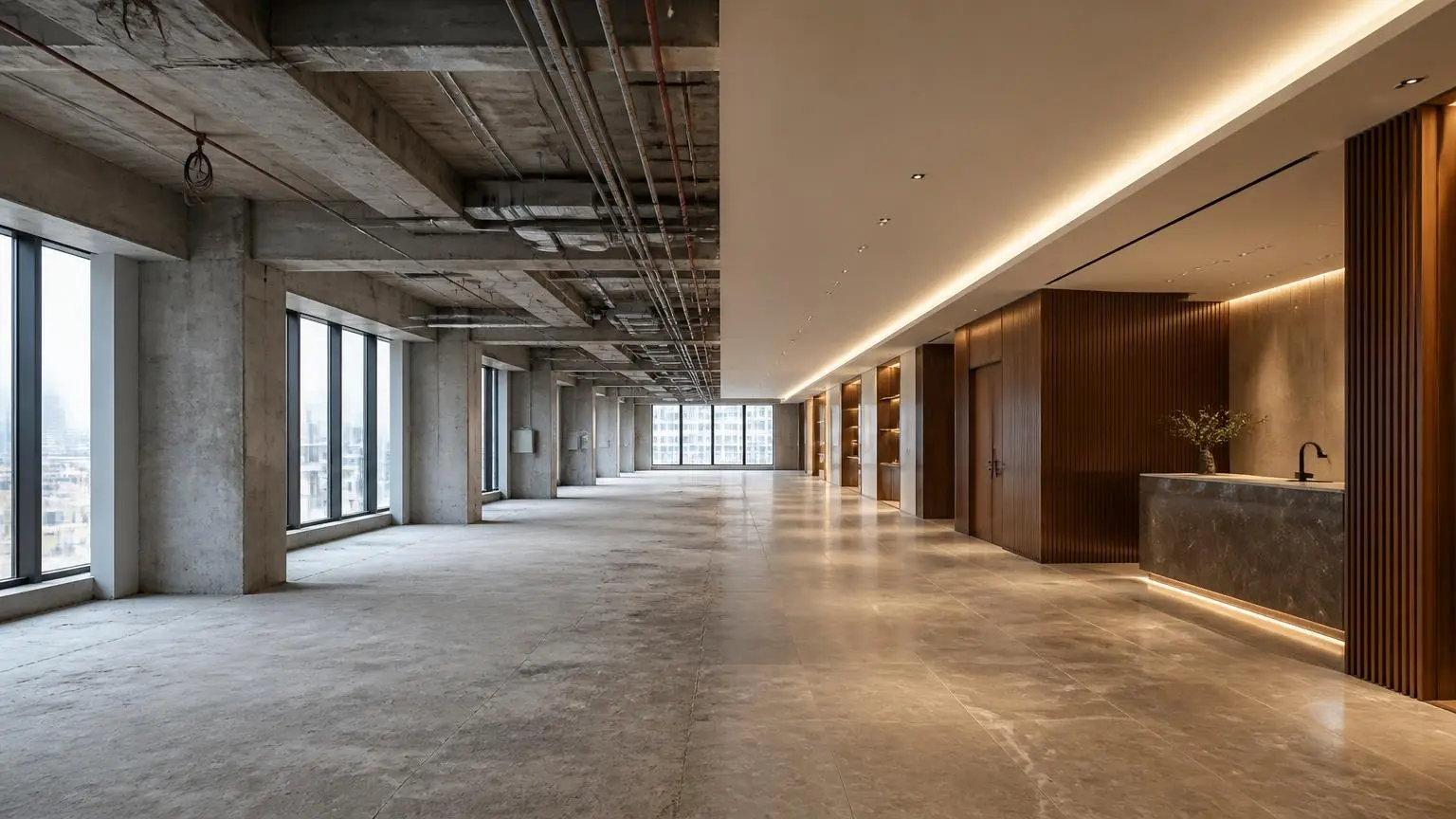 A shell-and-core space on one side and a finished premium interior on the other