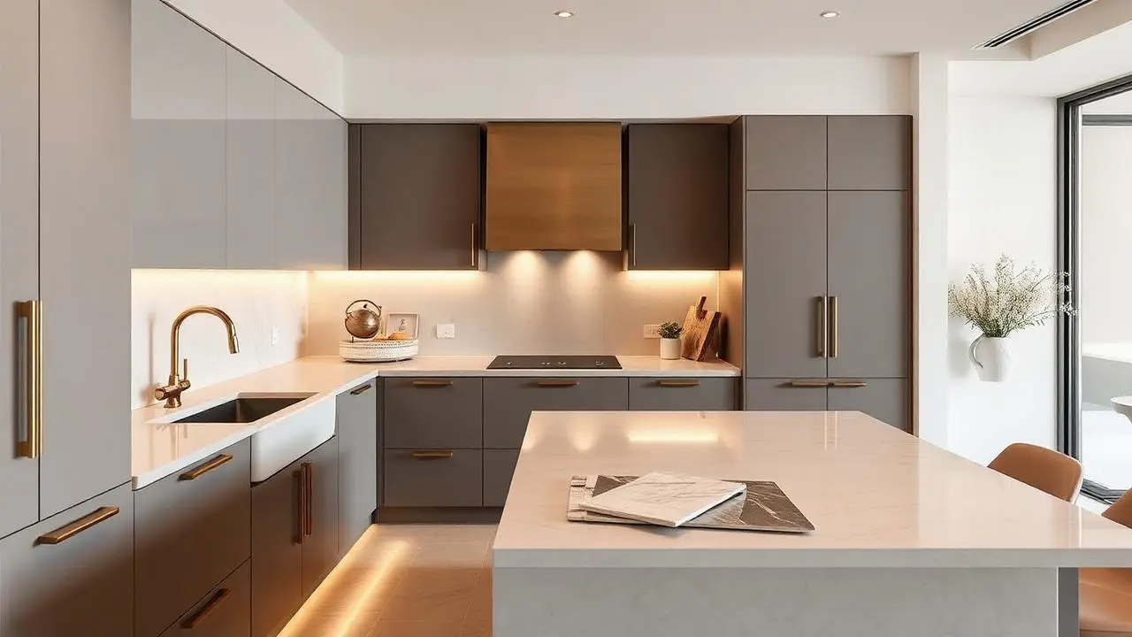 Renovated Dubai villa kitchen with handleless cabinetry, stone island and warm lighting