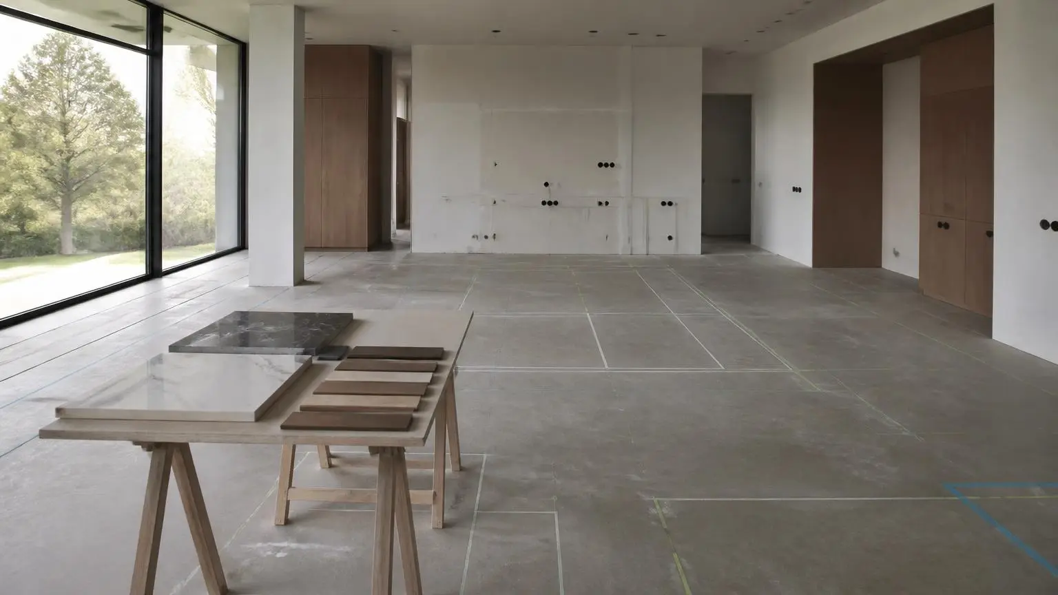 Layout lines marked on the floor of an unbuilt luxury kitchen with material samples