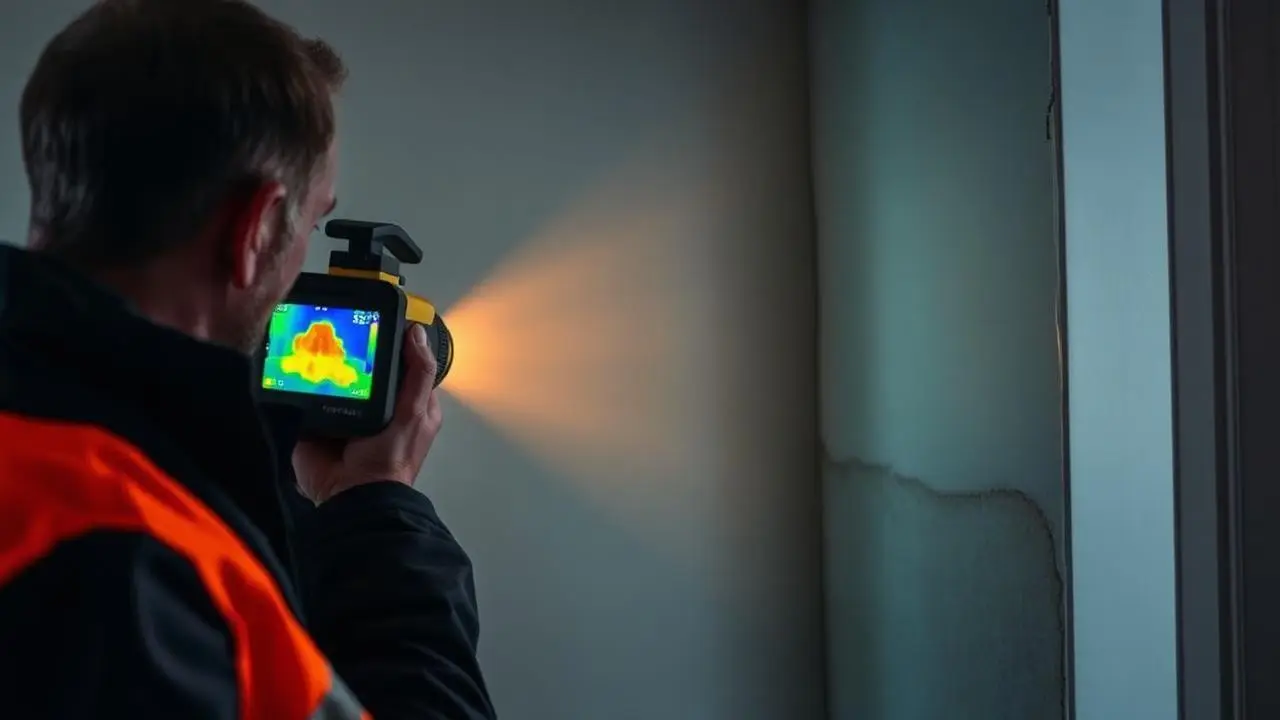 Technician using a thermal imaging camera to trace a hidden leak in a villa wall