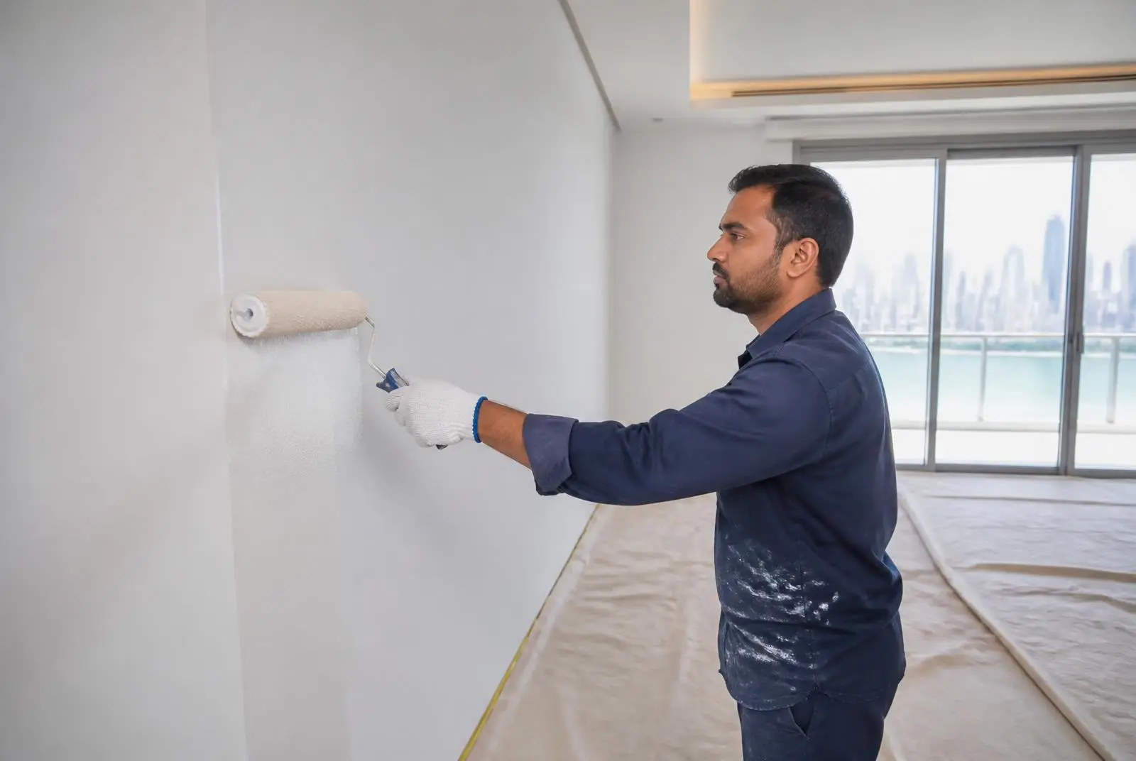Roller applying crisp white paint to a prepared villa wall with dust sheets in place