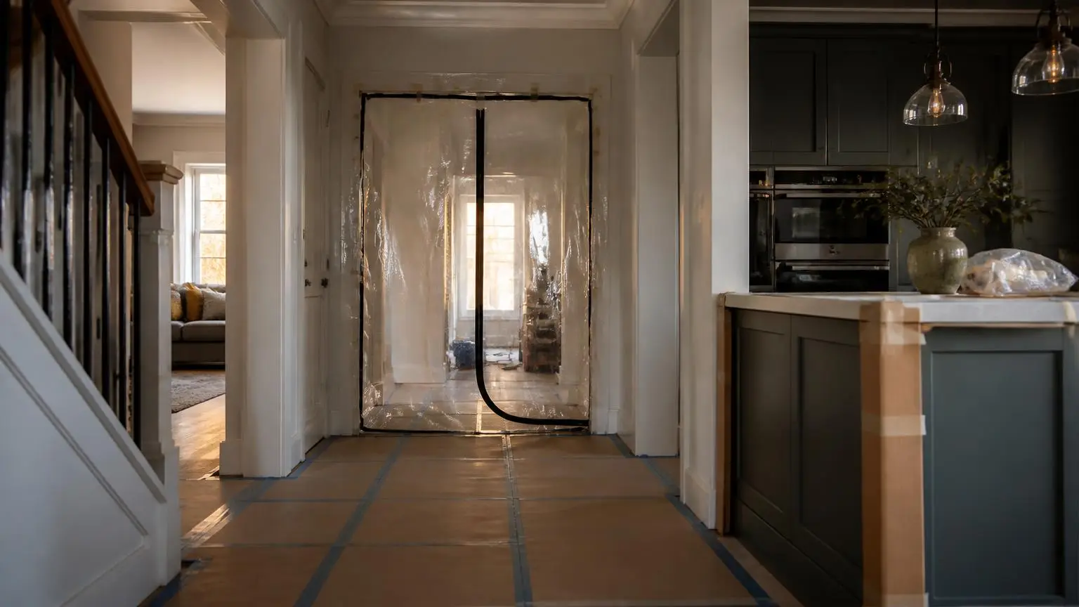 Protective floor covering and a zipped dust barrier doorway inside a luxury home