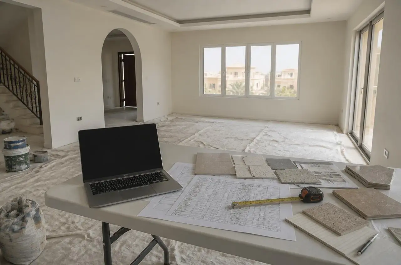 Renovation cost planning with drawings, material samples and a calculator for a Dubai villa project