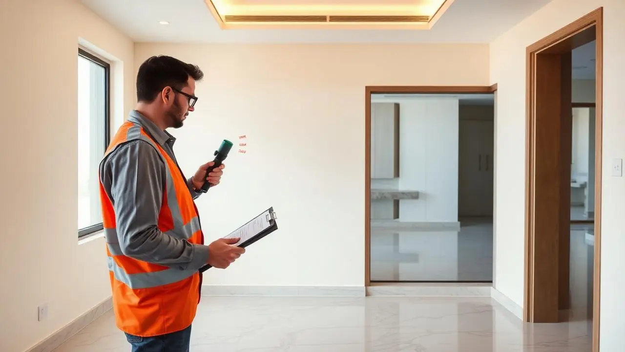 Inspector marking snag stickers on a wall in a newly built Dubai apartment