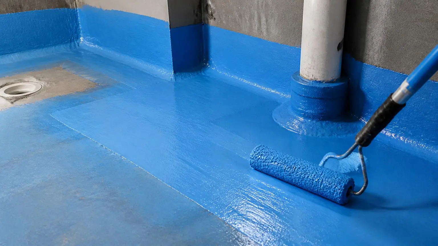 Fresh waterproofing membrane being applied to a terrace substrate