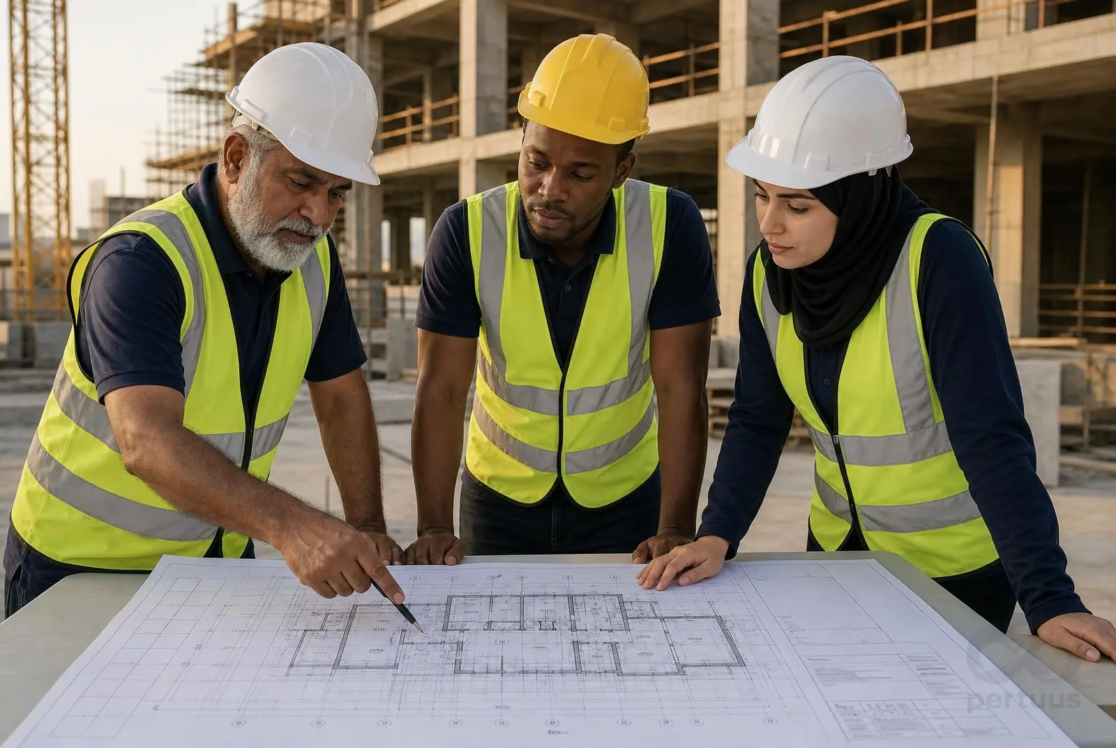 Supervisors reviewing drawings on an active UAE construction site