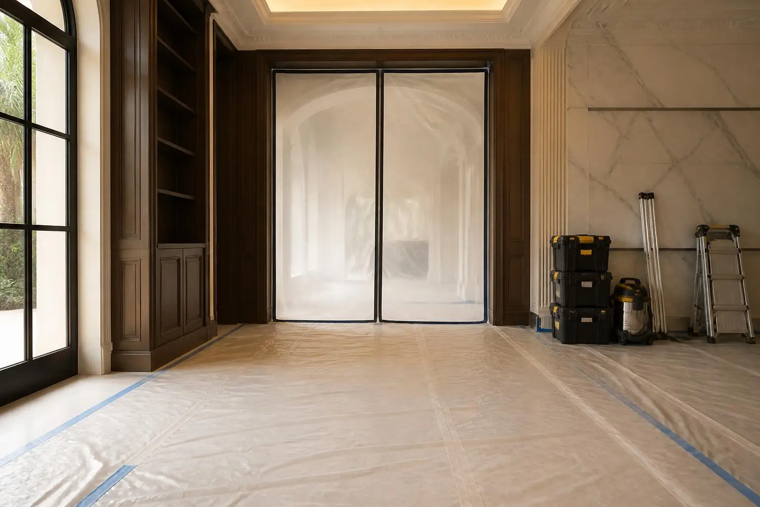 Villa interior fully protected with sheeting and a dust barrier during renovation