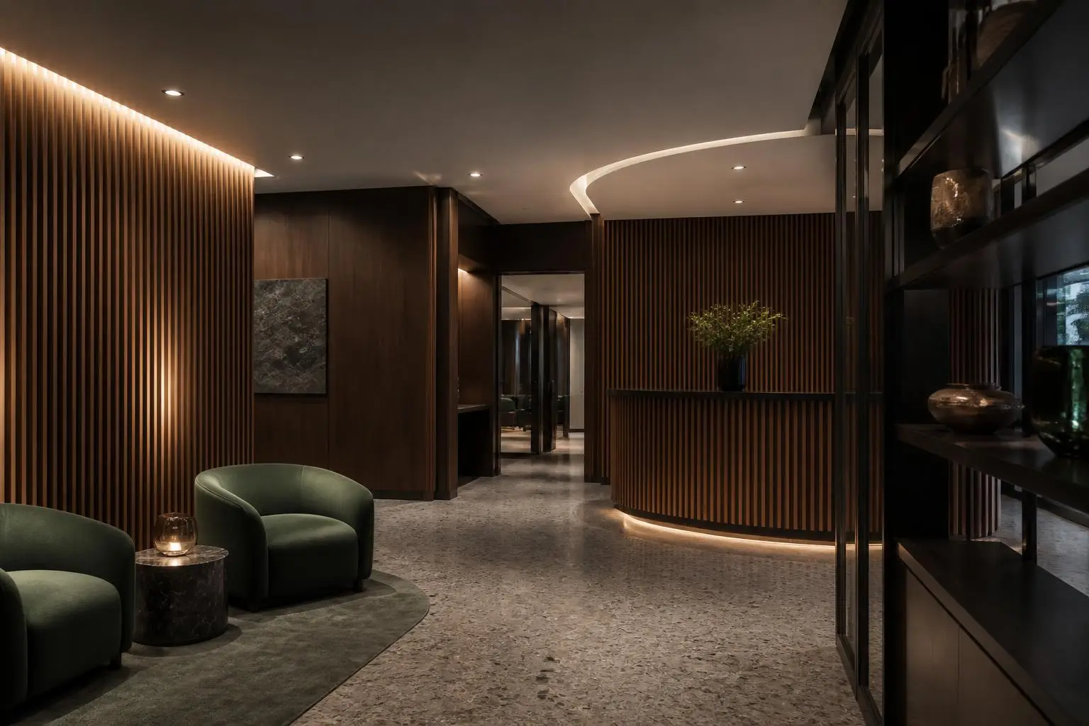 Completed premium commercial interior fit-out with walnut joinery