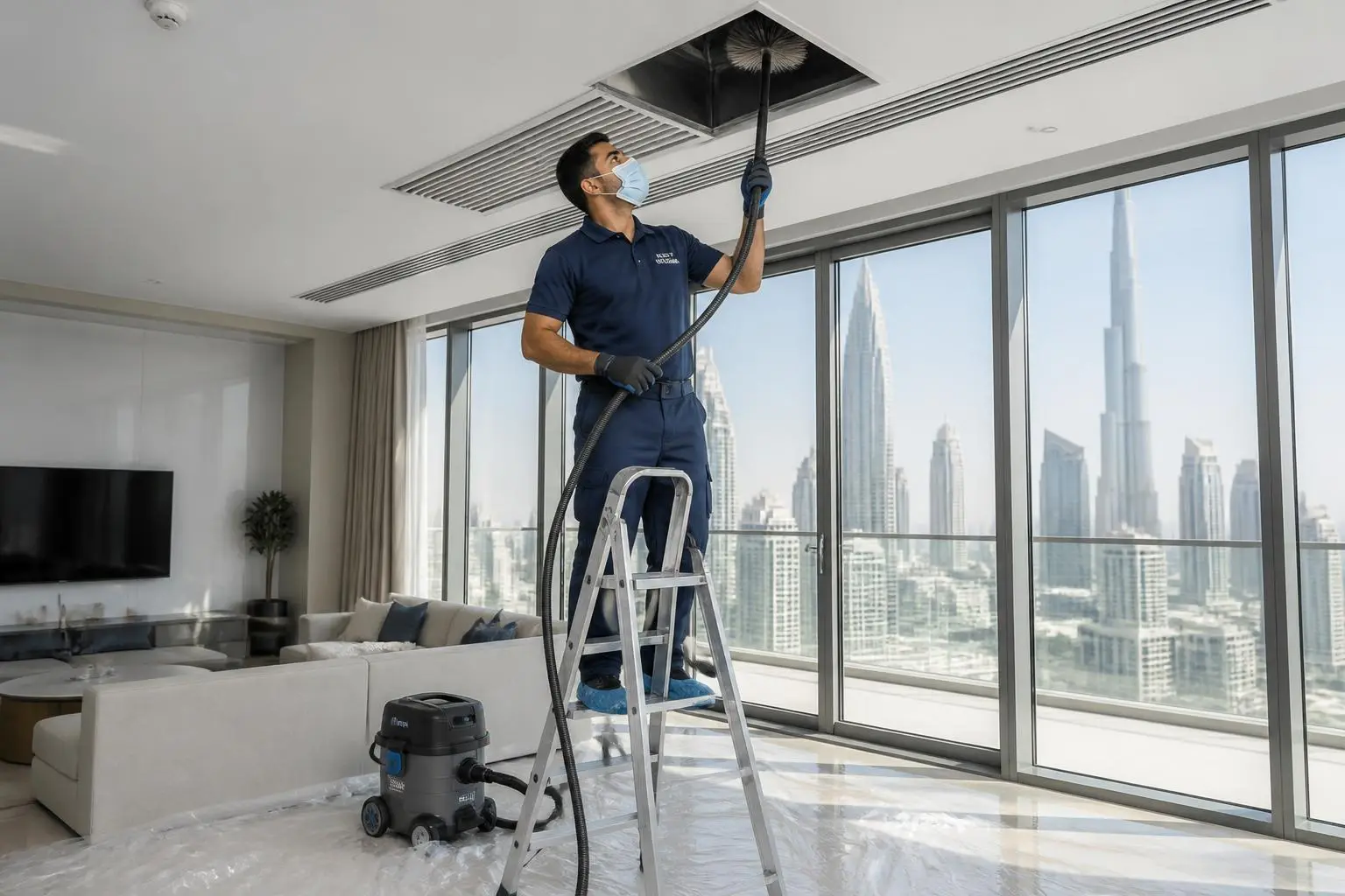 Technician brushing and vacuuming an open ceiling AC duct in a Dubai Sports City apartment